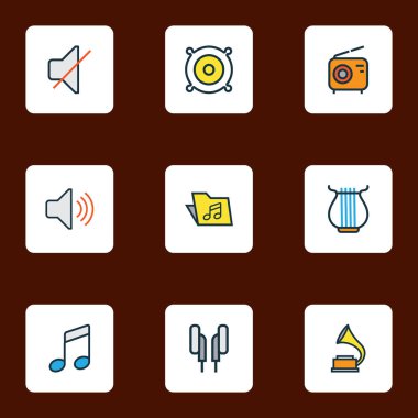 Ses simgelerini renkli çizgi ile hoparlör, radyo, yola çıktık ve diğer öğeleri kapatmak. İzole vektör çizim ses simgeler.
