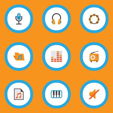 Müzik simgeleri stil Arşivi, synthesizer, frekans ve diğer kulak muffs öğeleri kümesi düz. İzole vektör illüstrasyon müzik simgeleri.