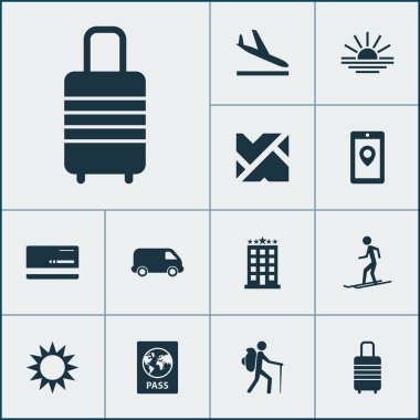 Yolculuk simgeler uçak, yollar, harita app ve diğer yapı elemanları ile ayarlayın. İzole vektör çizim yolculuk simgeler.