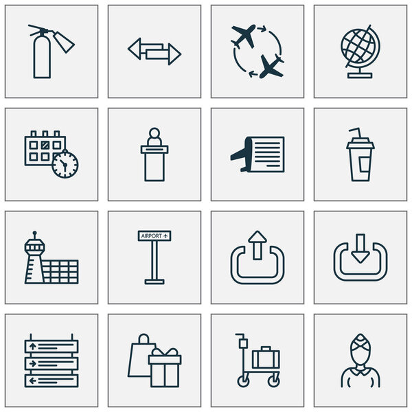 Airport icons set with airport sign, direction arrows, luggage trolley and other fly around elements. Isolated vector illustration airport icons.