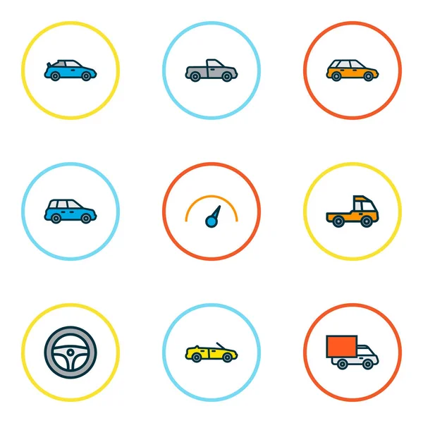 Automobil-Symbole farbige Linienführung mit Crossover, Cabrio, Pickup und anderen Maschinenelementen. isolierte Vektor-Illustration Automobil-Symbole. — Stockvektor