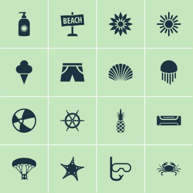 Güneş kremi, yengeç, şort ile set güneş simgeleri ve diğer öğeleri gözlükler. İzole vektör çizim güneş simgeler.
