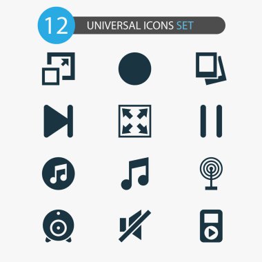 Müzik simgeleri ile ayarla genişletmek, ses, yayın ve diğer öğeleri en üst düzeye çıkarmak. İzole vektör illüstrasyon müzik simgeleri.