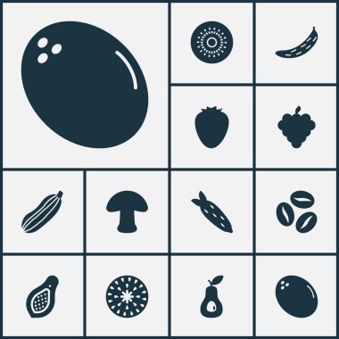 Gıda simgeleri ile kivi, çilek, salatalık ve diğer tazelik öğelerini ayarlayın. İzole vektör çizim gıda simgeler.