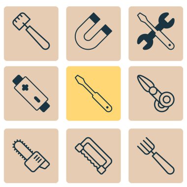 Makas ile ayarlama aparatı simgeler gördüm, mıknatıs ve alkali diğer öğeler. İzole vektör çizim cihazları simgeler.