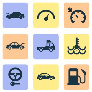 Anahtar ile otomobil Icons set, spor otomobil, oto başlık ve diğer kaporta öğeleri açın. İzole illüstrasyon otomobil simgeler.