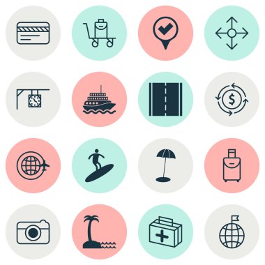 Sörf ile ayarla Turizm simgeler seyahat çantası, kamera ve diğer yat öğeleri. İzole illüstrasyon Turizm simgeler.