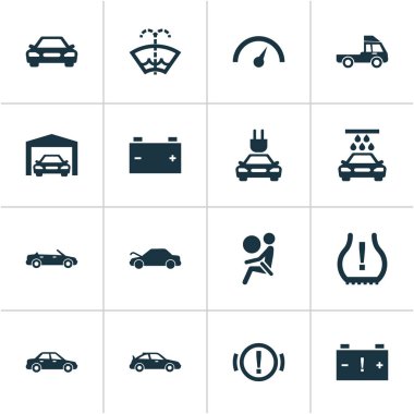 Uyarı, sedan, dikkat ve uyarı diğer öğeleri ile otomobil Icons set. İzole illüstrasyon otomobil simgeler.