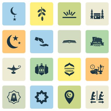 Ramazan simgeleri ile ibadet, kareem, ayarla el hizb ve sekizgen diğer yıldız öğeleri RUB'dir. İzole illüstrasyon Ramazan kutsal kişilerin resmi.