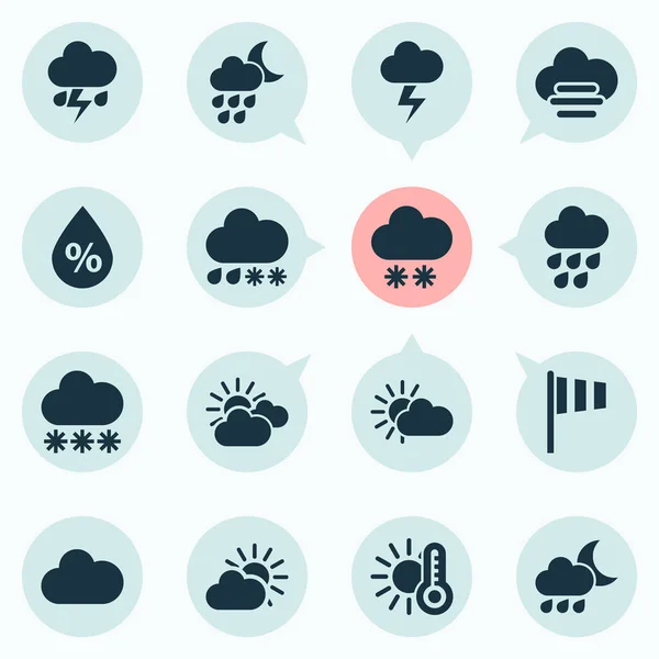 Iconos meteorológicos establecidos con luz, puesta de sol, parcialmente nublado y otros elementos de destello. Iconos de tiempo de ilustración aislada . —  Fotos de Stock