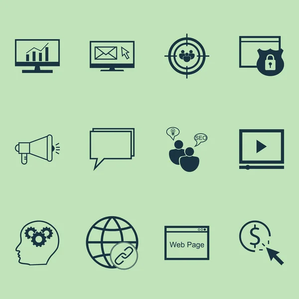 Marketing icons set with online consulting, creativity, comprehensive analytics and other media campaign elements. Isolated  illustration marketing icons.