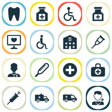 Tıbbi işaretiyle uyuşturucu Icons set, koltuk değneği, çiftliğe ve diğer öğeleri devre dışı. İzole vektör çizim uyuşturucu simgeler.