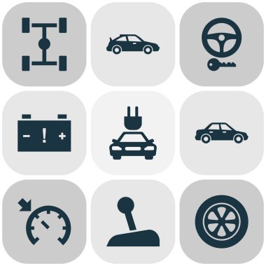 Araba simgeler anahtar, spor otomobil, dikkat ve diğer tekerlek öğeleri ile ayarlayın. İzole vektör çizim araba simgeler.