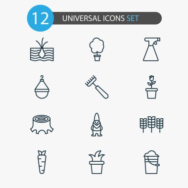 Bahçe simgeler ağaç, saksı, güdük ve diğer cüce öğeleri ile ayarlayın. Kutsal kişilerin resmi bahçe izole vektör çizim.