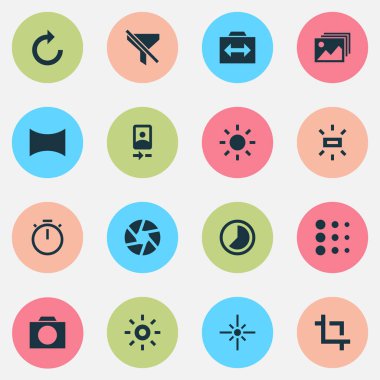 Resim simgeleri ile panorama, wb güneşli, Fotoğrafçılık ve diğer fotoğraf öğeleri ayarlayın. İzole vektör çizim resim simgeleri.