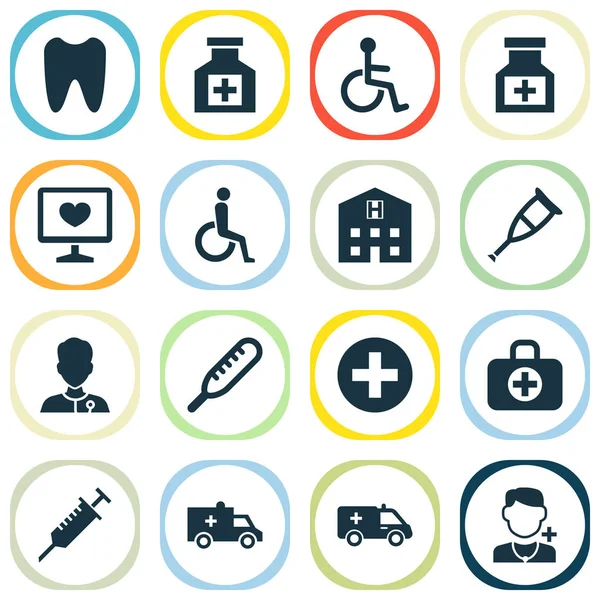 Drog ikony set s lékařské znamení, berle, kočár a další zakázané prvky. Izolované vektorové ilustrace lék ikony. — Stockový vektor