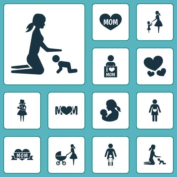 Día de la madre icono concepto de diseño. Conjunto de 12 elementos tales como mujer embarazada, hija y mamá. Hermosos símbolos para madre, bebé y mamá . — Archivo Imágenes Vectoriales