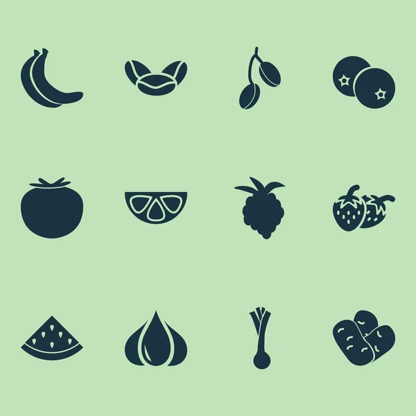 Овочеві значки, встановлені з нирковими бобами, бананом, часником та іншими елементами кетчупу. Ізольовані Векторні ілюстрації овочевих значків . — стоковий вектор