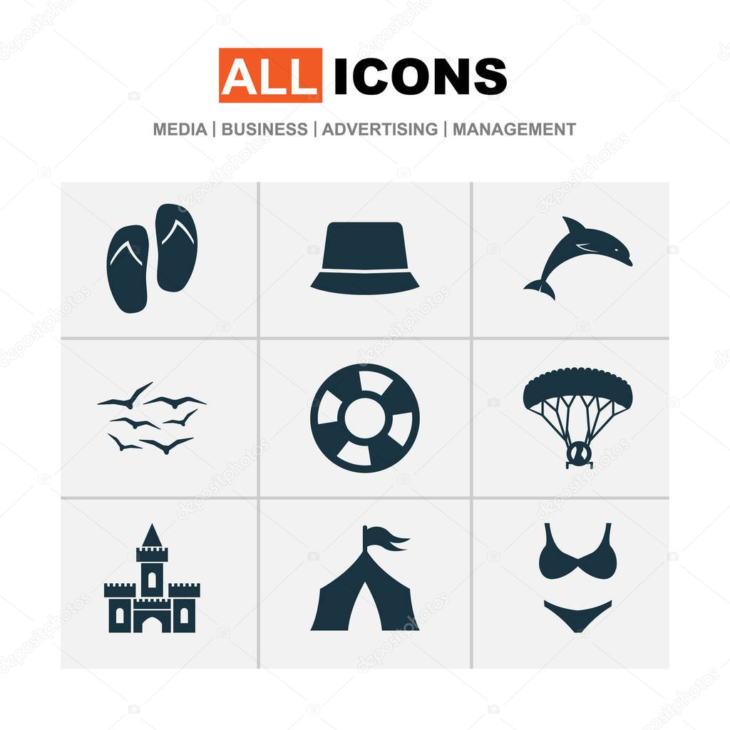 Summer icons set with swimsuits, gulls, sand castle skydiving elements. Isolated vector illustration summer icons.