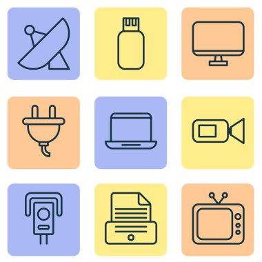 Donanım simgeleri Fotokopi, ekran, video kamera ve diğer anten elemanları ile ayarlayın. İzole vektör çizim donanım simgeleri.