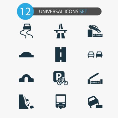 Taşıma simgeleri ile karayolu, yol, yol inişli çıkışlı ve diğer öğeleri Başlat ayarlayın. İzole vektör çizim taşıma simgeler.