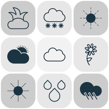 Yağmur, Güneş, yağmur damlası ve diğer su ile dünya simgeler öğeleri bırakır. İzole vektör çizim dünya simgeleri.