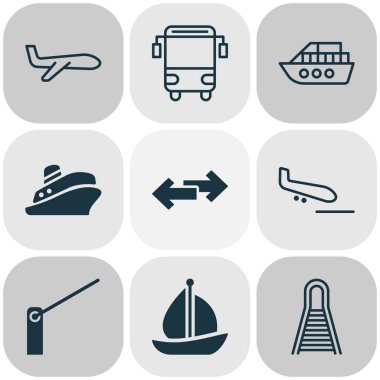 Okul otobüsü, gemi, uçak ve diğer hava taşıma elemanları ile teslim Icons set. İzole vektör çizim teslim simgeler.