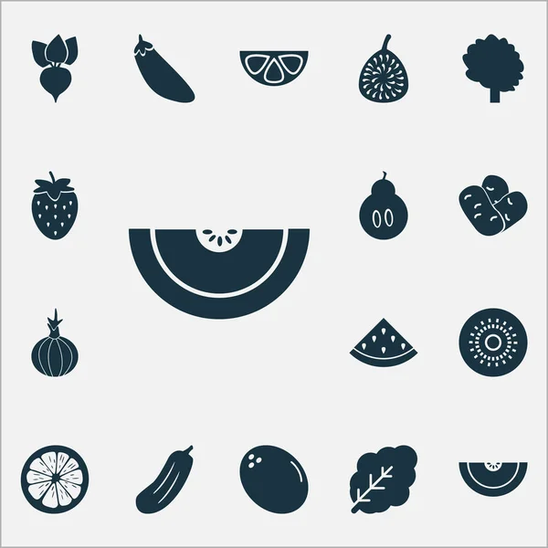 Conjunto de iconos alimentarios con espinacas, raíces, pepinillos y otros elementos de sandía. Iconos de alimentos de ilustración vectorial aislado . — Vector de stock