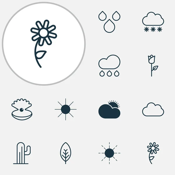 Nature icons set with clear sunrise, cloudburst, raindrop and other seashell elements. Isolated vector illustration nature icons.