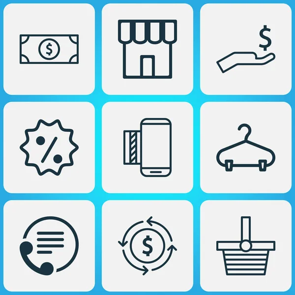 E-commerce Ikony zestaw z odznaka sprzedaż, informacje kontaktowe, wymiany walut i innych elementów usług mobilnych. Na białym tle wektor ilustracja e-commerce ikony. — Wektor stockowy