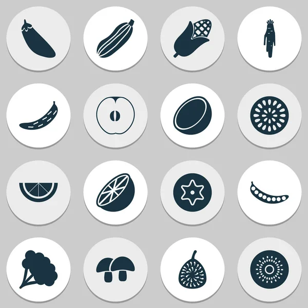 Conjunto de iconos alimentarios con bellota, berenjena, calabacín y otros elementos del árbol. Iconos de alimentos de ilustración vectorial aislado . — Archivo Imágenes Vectoriales