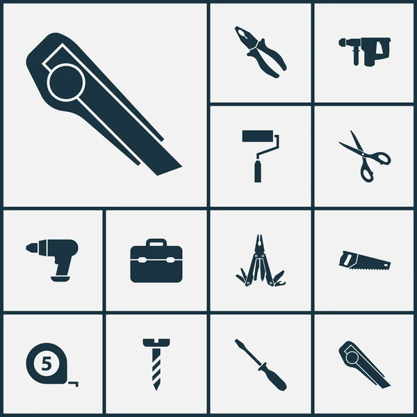 Conjunto de iconos de reparación con cinta métrica, destornillador, herramienta múltiple y otros elementos de sierra manual. Iconos de reparación de ilustración vectorial aislado . — Vector de stock