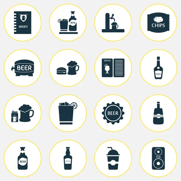 Conjunto de iconos de alcohol con menú de bar, grifo, barril de cerveza y otros elementos de luz de luna. Iconos de alcohol de ilustración vectorial aislado . — Archivo Imágenes Vectoriales