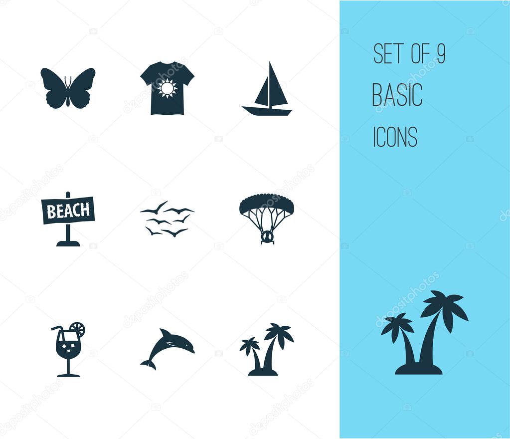 Sun icons set with gulls, palms, fresh juice and other monarch elements. Isolated vector illustration sun icons.