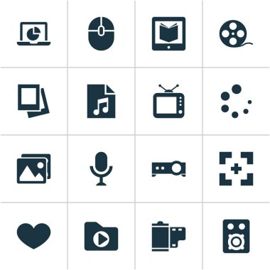 Müzik simgeleri projektör, monitör, tam ekran ve diğer hoparlör öğeleri ile ayarlayın. İzole illüstrasyon müzik simgeleri.