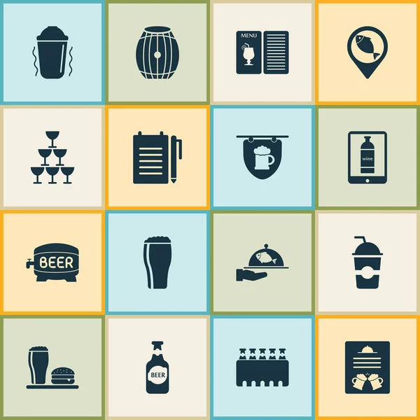 Conjunto de iconos de bebidas con menú, grabar un orden, espaciado y otros elementos de celebración. Iconos de bebidas de ilustración aislada . —  Fotos de Stock