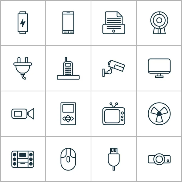Conjunto de iconos de hardware con dispositivo multimedia, reproductor de música, cámara de vídeo y otros elementos de llamada. Iconos de hardware de ilustración aislados . — Foto de Stock