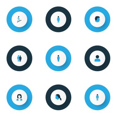 İnsan simgeleri çift, Erkek, iş kadını ve kadın diğer öğeleri kümesiyle renkli. İzole vektör illüstrasyon insan simgeleri.