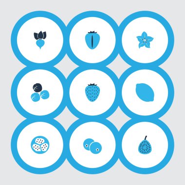 Gıda simgeler kümesi Brüksel lahanası, çilek, carambola ve diğer egzotik kavun öğeleri ile renkli. İzole vektör çizim gıda simgeler.