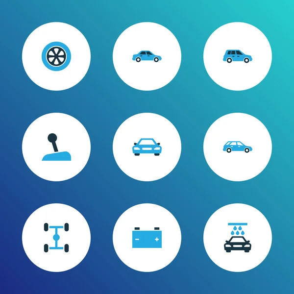 Auto-Symbole farbiges Set mit Transportreinigung, Radstand, Stick und anderen Fahrgestellelementen. isolierte Vektor Illustration Auto Symbole. — Stockvektor