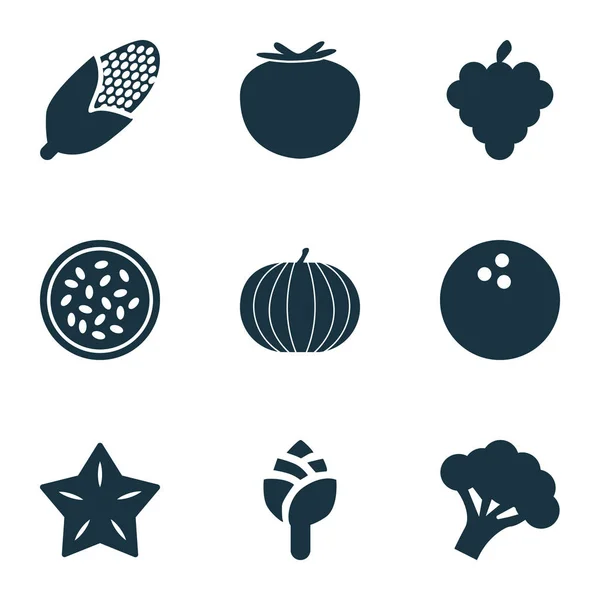 Ovocné ikony nastavit s rajčaty, marakuja, artyčok a další prvky, kečup. Izolované vektorové ilustrace ovocné ikony. — Stockový vektor