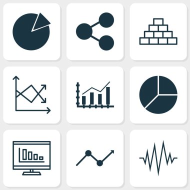 Grafikler, diyagramlar ve istatistik simgeleri kümesi. Kaliteli sembol koleksiyonu. Simgeler web, uygulama ve UI tasarımı için kullanılabilir.