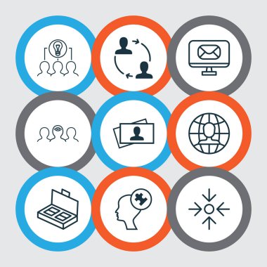 Proje hedef, ortak fikir, kartvizit ve diğer birlikte çalışma çözümü öğeleri ile kurumsal Icons set. İzole vektör çizim kurumsal simgeler.