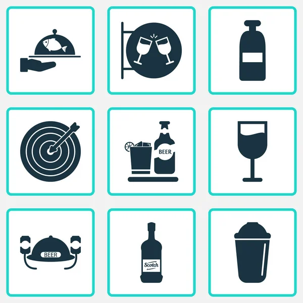Drick ikoner set med glas vin, avstånd, öl hjälm och andra whisky element. Isolerade vektor illustration drink ikoner. — Stock vektor