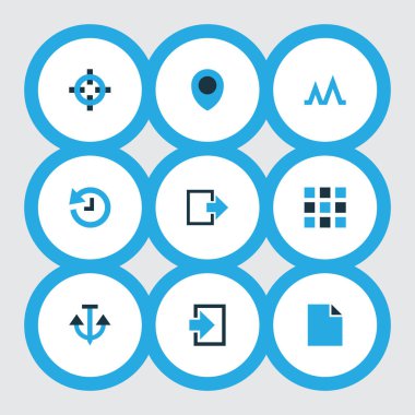 Tarih, etkinlik, hedef ve diğer aksesuar armatür öğeleri kümesiyle renkli simgeler arabirim. İzole illüstrasyon arayüzü simgeler.