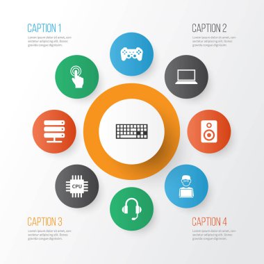 Dijital simgeler cpu, gamepad, adam dizüstü bilgisayar ile ve diğer veritabanı öğeleri ile ayarlayın. İzole illüstrasyon dijital simgeler.