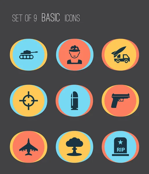 Боевые иконки с артиллерией, ядерным взрывом, солдатами и другими мишенями. Изолированные иконки с иллюстрациями . — стоковое фото