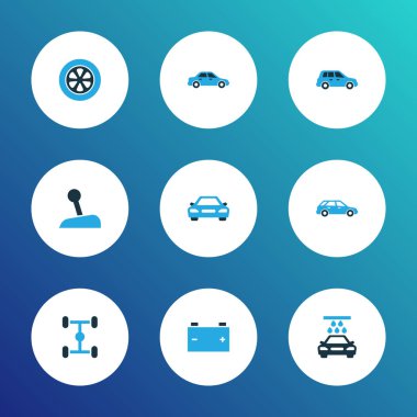 Otomatik simgeler kümesi ile Aktarım Temizleme, dingil mesafesi, sopa ve diğer şasi öğeleri renkli. İzole illüstrasyon otomatik simgeler.