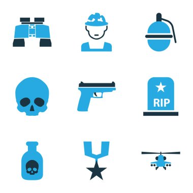 Savaş simgeler kümesi zehir, zoom, sipariş ve diğer helikopter öğeleri ile renkli. İzole illüstrasyon savaş simgeler.