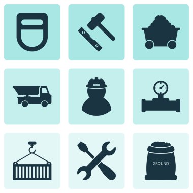 Kamyon, tornavida ile anahtar, arabası ve diğer Damper öğeleri ile endüstriyel simgeler kümesi. İzole illüstrasyon endüstriyel simgeler.